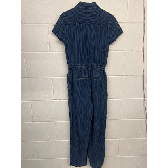 J.Crew Sz 0 Blue Short Sleeve Wide Leg Pinstripe Drawstring Lyocell Jumpsuit 1pc - Picture 5 of 6